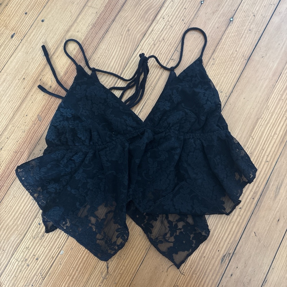 Black floral lace crop top with tie back details